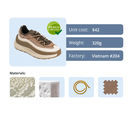 BOM & specification Brown athletic shoe product display showing $42 unit cost, 320g weight, Vietnam factory, and material samples.