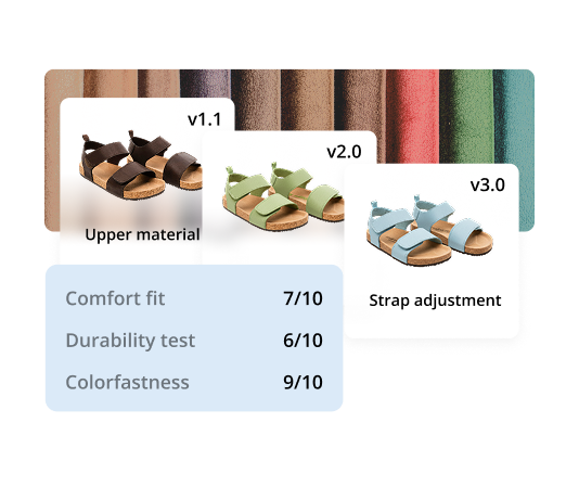 Footwear > Sampling Three versions of sandals in brown, green, and blue with product ratings for comfort, durability, and colorfastness.