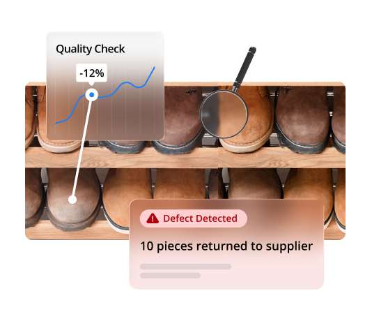 Footwear > Quality Control Leather shoes on wooden shelves with quality check overlay showing -12% and defect detection notification.