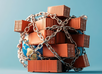 Adapting to Tariff Pressures: Strategies for Retail Success Thumbnail A globe wrapped in heavy chains is entwined with orange shipping containers, symbolizing tariff pressures on global trade. The background is a soft blue.