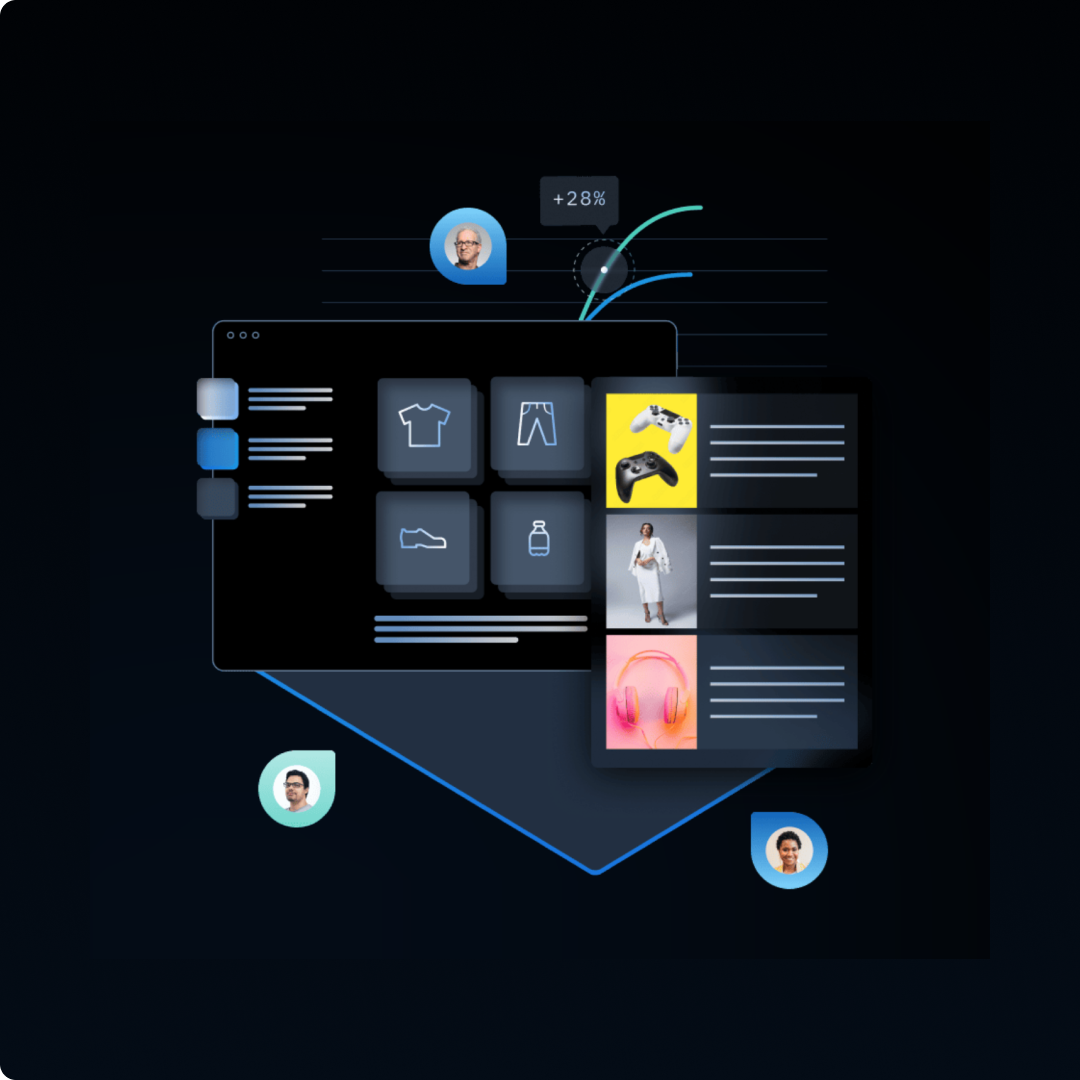 First Out-of-the-Box Fashion PLM Digital interface showing e-commerce dashboard with product icons, gaming controllers, headphones, and profile avatars on dark background.