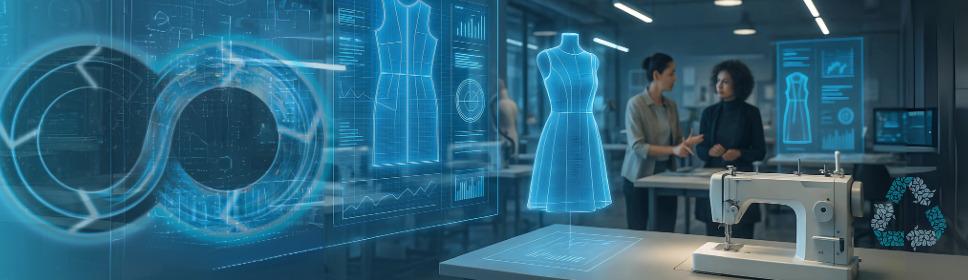 Knit Show Feature Two people stand in a modern design studio with digital dress patterns and data holograms projected around them, reflecting the innovation seen at Indo Intertex. A sewing machine and tables in the foreground blend technology with fashion design.