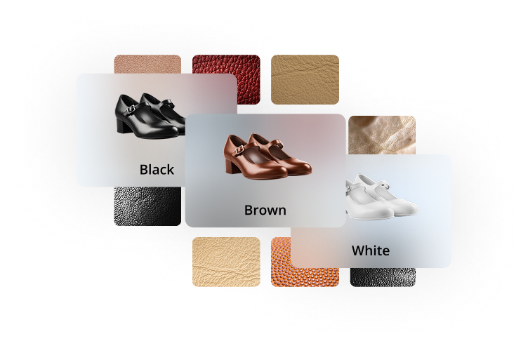 Centric Visual Boards Women's dress shoes in black, brown, and white colors with matching leather texture swatches surrounding each pair.