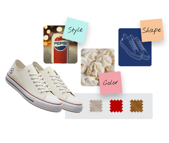 Product Ideation White canvas sneakers with design inspiration board showing style, shape, and color elements including fabric swatches.