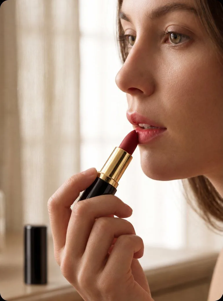 Model applying the red lipstick