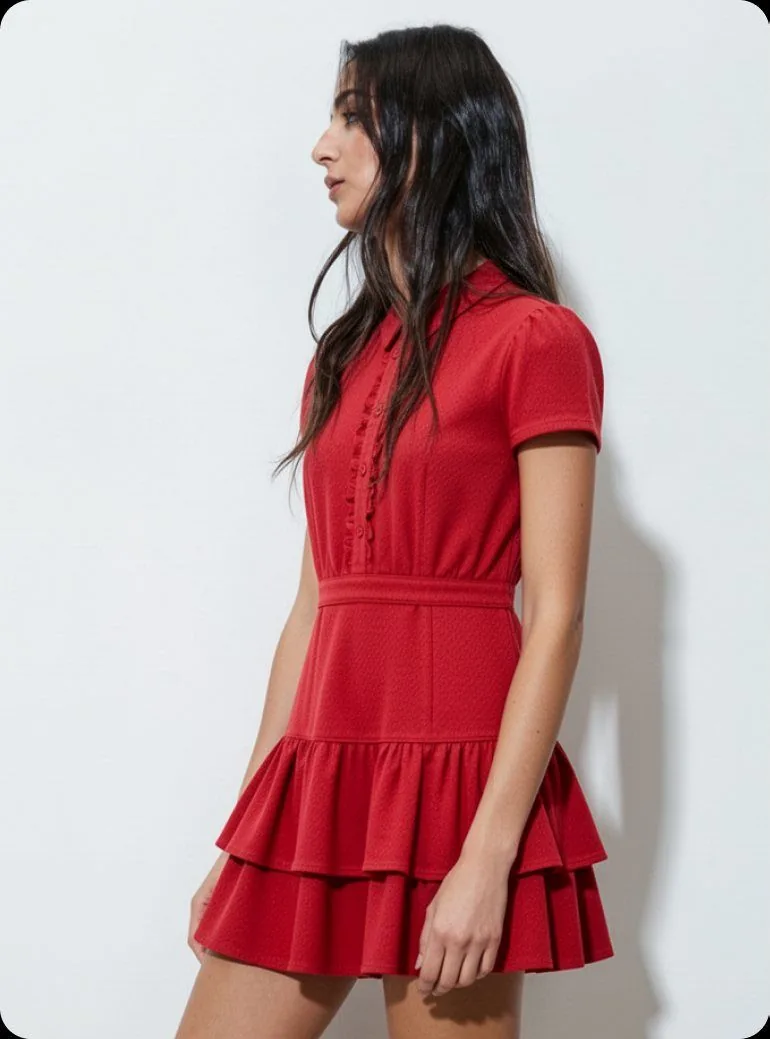 Model wearing the red tiered shirt dress