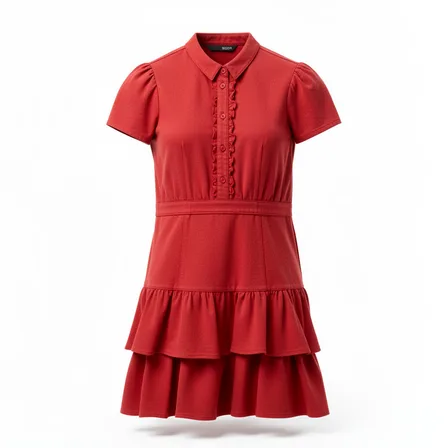 Vestido camiseiro vermelho com folhos em camadas, gerado no AI Studio