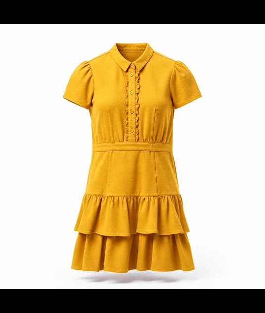 Vestido camiseiro com folhos em camadas recolorido em amarelo mostarda