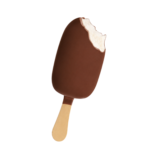 Magnum Product A chocolate-coated ice cream bar on a wooden stick with a bite taken out, revealing white vanilla ice cream inside.