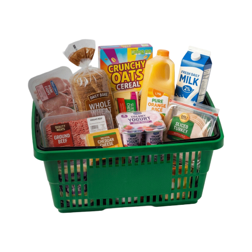Walmart Product Green shopping basket filled with groceries including milk, orange juice, cereal, bread, ground beef, yogurt, cheese, and sliced turkey.