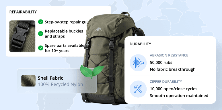 DPP - Industry card - Outdoor & Sports (R2) Backpack with repairability, shell fabric and durability details. Exported at 2x from DPP hi-fi Round 2, Figma node 185:3938, 2026-09-23.