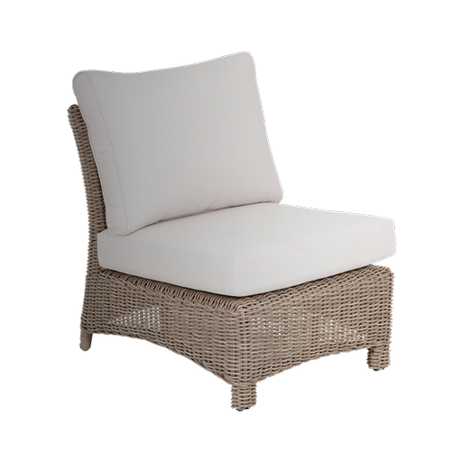 Adeo Product Armless outdoor wicker chair with a natural tan woven frame and thick white cushioned seat and back.