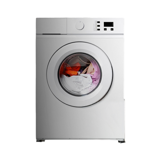 Electrolux Product White front-load washing machine with a circular door containing colorful laundry, featuring a digital control panel on top.