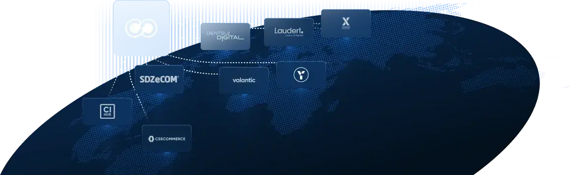 Partner Overview Page Hero Dark blue globe graphic showing partner logos including SDZeCOM, Dentsu Digital, Laudert, valantic, CI HUB, and CSSCommerce.