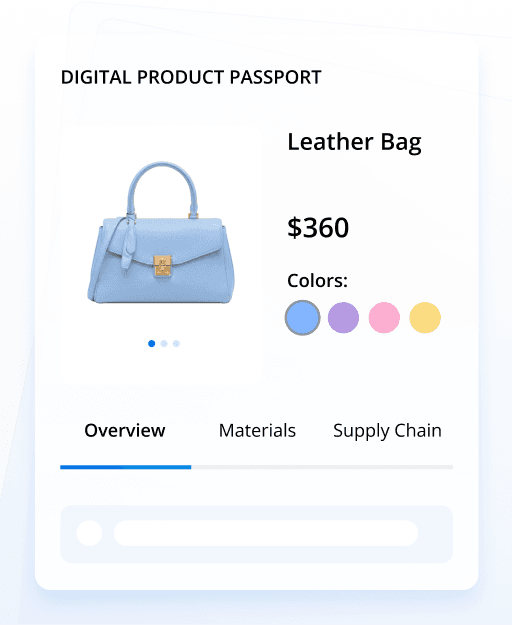 DPP Registry Digital product passport card showing a light blue leather bag priced at $360, with color options and overview tabs.