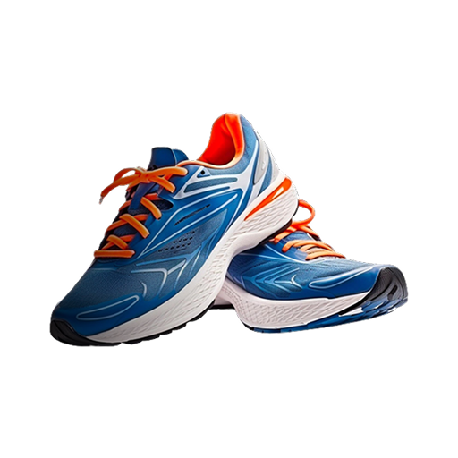 Asics Product A pair of blue and white running shoes with orange laces and accents, featuring a cushioned white sole.