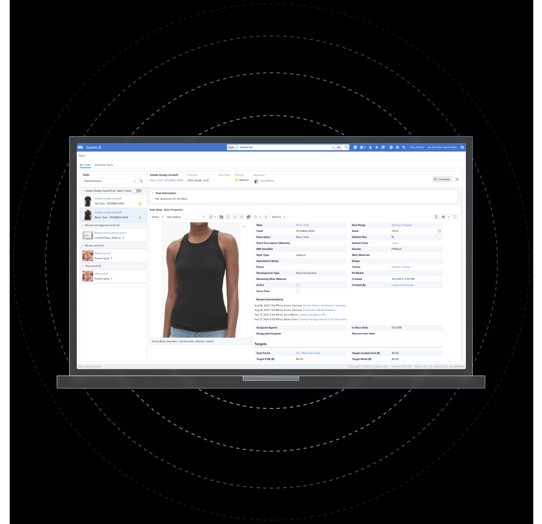 First Integrated Digital Collection Catalog Product management interface showing a black tank top design with detailed specifications and workflow approval stages.