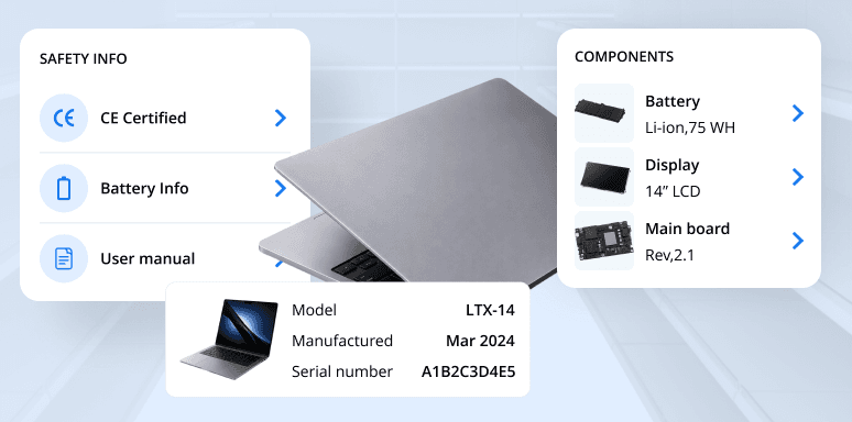 DPP - Industry card - Consumer Electronics (R2) Laptop with safety info, components and product identity details. Exported at 2x from DPP hi-fi Round 2, Figma node 185:3716, 2026-09-23.