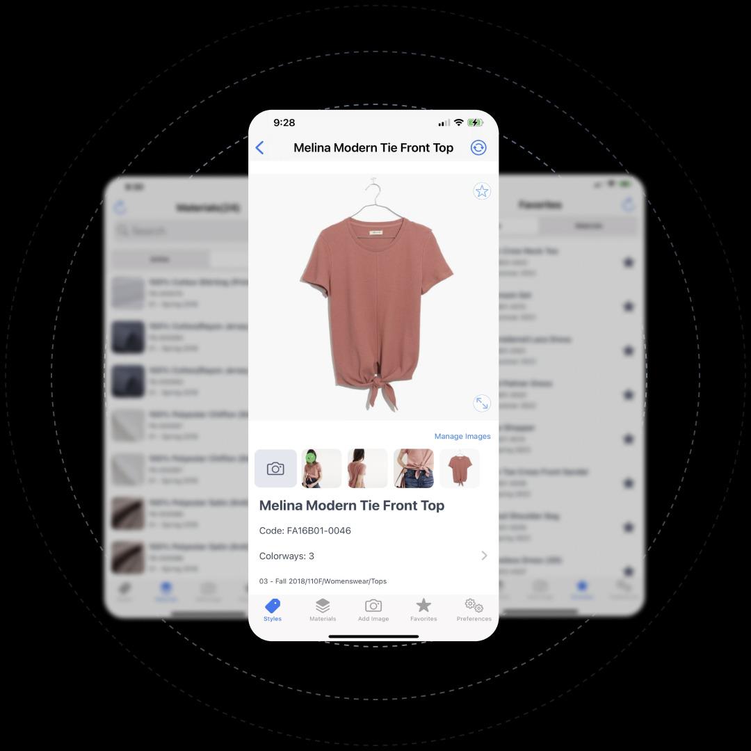 Five New Mobile Apps Mobile app showing Melina Modern Tie Front Top in dusty rose color on a hanger with product details and thumbnail images.