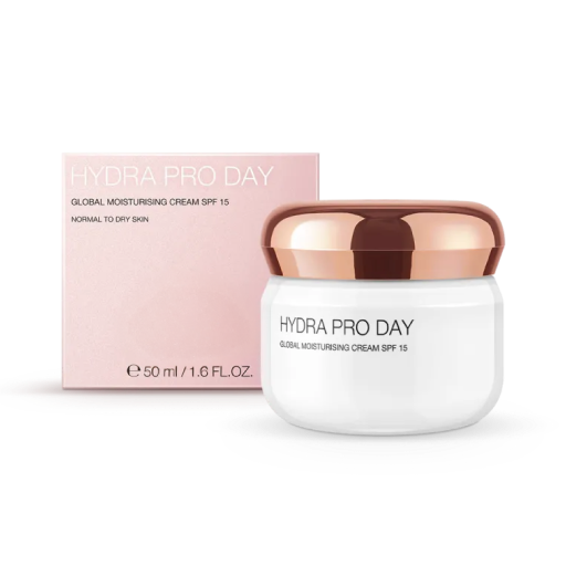 The Body Shop Product White jar with rose gold lid of Hydra Pro Day Global Moisturising Cream SPF 15 beside its pink packaging box.