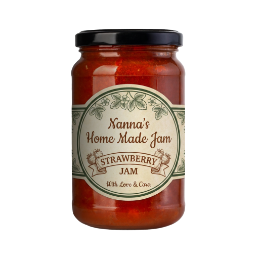 JM Smucker Product A glass jar of Nanna's Home Made Strawberry Jam with a vintage-style label and black lid, filled with red jam.