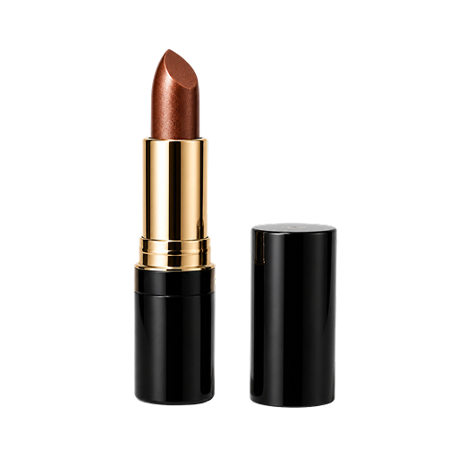 Revlon Product Open lipstick with a metallic bronze bullet in a black and gold tube, cap placed beside it on a white background.