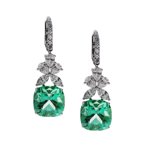 Swarowski Product Elegant drop earrings featuring large cushion-cut green gemstones with diamond-encrusted silver settings and pavé huggie clasps.