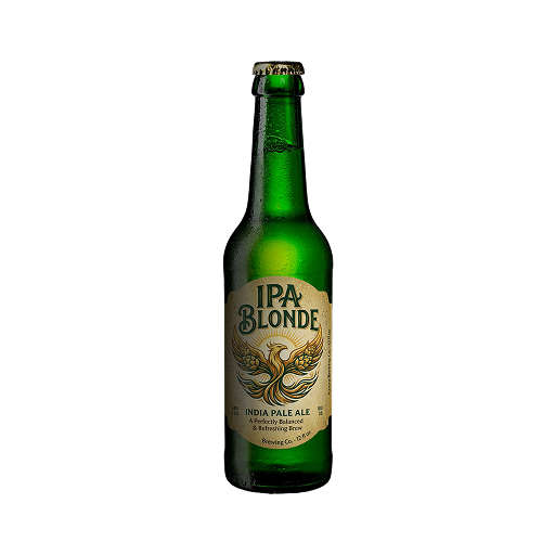 Tsingtao Product Green glass bottle of IPA Blonde India Pale Ale with a gold label featuring a phoenix design, on a white background.