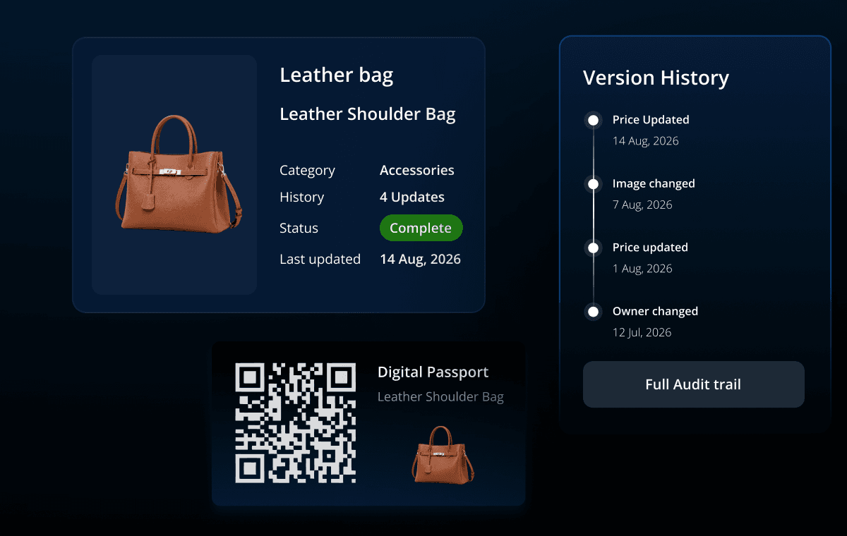 DPP - Why Centric tab - Governed data (R2 frame crop) Leather bag passport record with version history and full audit trail. 2x crop of the 600x380 visual frame 185:5612 from tab variant 185:5585 export, DPP hi-fi Round 2, 2026-09-23. Replaces the padded node export.