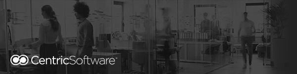 A black-and-white image showing an office environment with people working at desks. Several employees are walking or standing while others are seated at workstations. The logo "CentricSoftware" is visible in the bottom left corner, highlighting their agile deployment of Centric PLM software.
