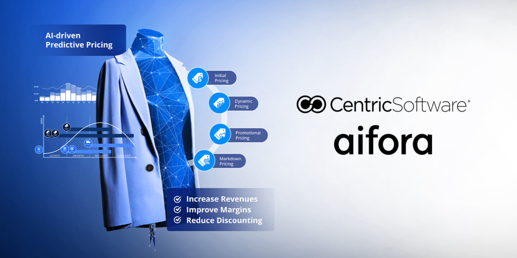 A technological mannequin wearing a lab coat standing next to logos for aifora and CentricSoftware
