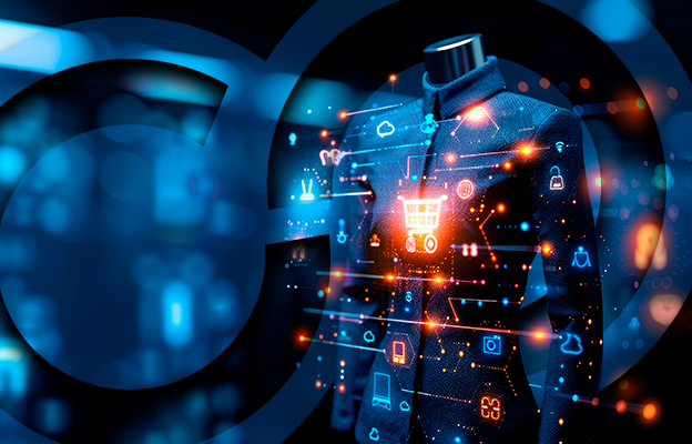 Digital mannequin displaying a smart jacket with glowing data icons representing e-commerce and technology integration.