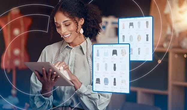 Woman Using Tablet for Fashion Inventory Research and Management
