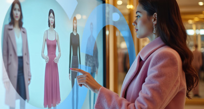 Woman using touch screen looking at clothing sketches