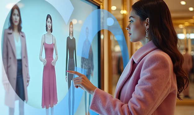 Woman using touch screen looking at clothing sketches 