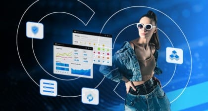 A person wearing stylish denim clothing and sunglasses stands confidently. Surrounding them are floating digital interfaces detailing product development challenges to solve in 2025 sustainably, set against a blue, tech-themed background with circuit patterns and icons.