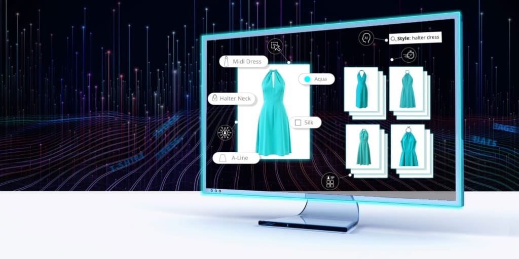 Un écran d'ordinateur affiche une interface numérique avec une robe midi à col licou bleu sarcelle. Les options indiquent le type de tissu comme soie et la couleur comme aqua. L'arrière-plan présente des lignes abstraites et des graphiques lumineux ressemblant à une analyse de données.