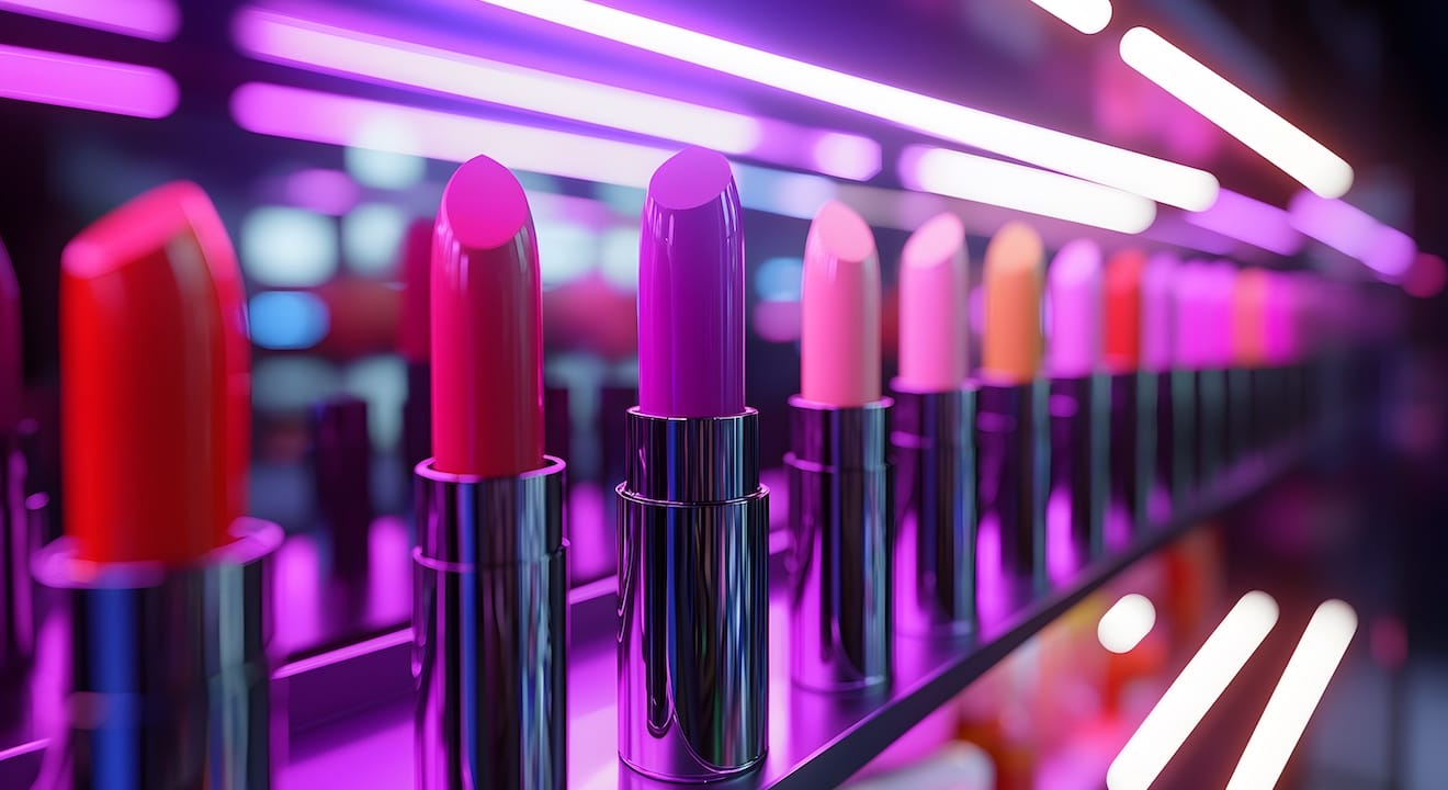 A row of vibrant lipsticks in various shades, including pink, red, and peach, are displayed on a shelf. Reflecting innovative solutions to 3 Product Development Challenges You Must Solve in 2025—And How to Overcome Them Sustainably, the backdrop glows with colorful lights.