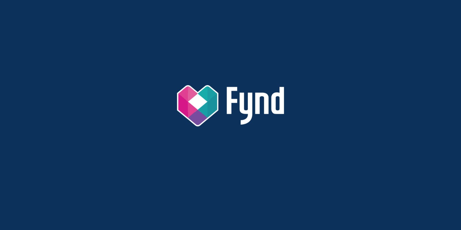 Latar belakang biru dengan logo Fynd menampilkan hati bergaya yang terdiri dari bagian-bagian merah muda, biru kehijauan, dan ungu, diikuti oleh kata "Fynd" dalam teks putih.