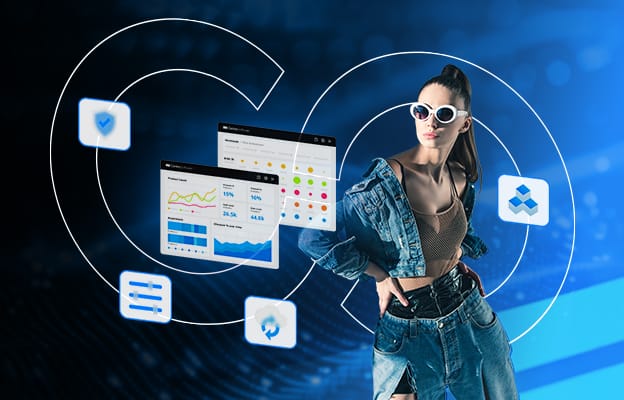 サングラスとデニムを着た女性が、抽象的なグラフィックやグラフを周囲に浮かべながら自信に満ちたポーズをとっています。背景には、データの視覚化とデジタル アイコンを強調した、青のハイテクをテーマにしたデザインが採用されています。.