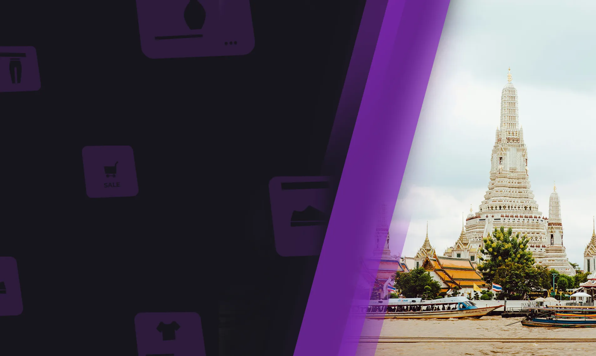 A striking juxtaposition of a vibrant Thailand temple, possibly in Bangkok, stands adjacent to a sleek black panel with purple highlights and abstract icons like a shopping cart and price tag, echoing themes of culture and modern commerce reminiscent of the dynamic Retail Asia Summit.