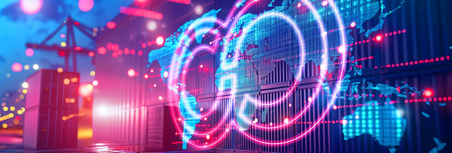 A digital world map overlaid with glowing interconnected symbols is superimposed on a background of shipping containers and cranes, highlighting global trade and connectivity amidst tariff turmoil. The scene pulses with vibrant pink and blue lights, capturing the essence of a high-tech setting.