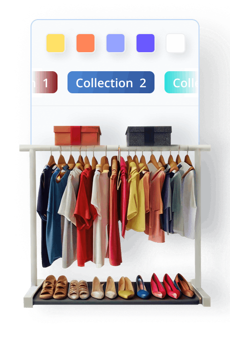 A clothing rack displaying a variety of colorful shirts and pants on hangers, with an assortment of shoes below. Above the rack are labeled sections titled "Collection 1" and "Collection 2" with color swatches.
