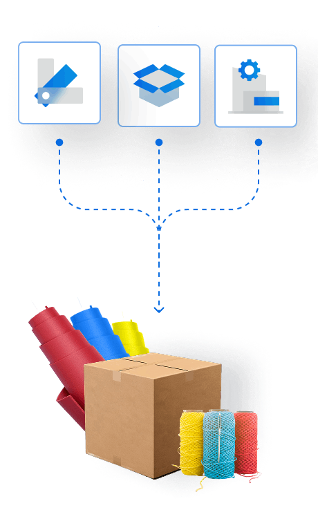 An illustration showing three icons connected by arrows to a brown cardboard box. The icons depict a paintbrush, a box with a blue lid, and a machine. Rolls of colorful string are beside the box.