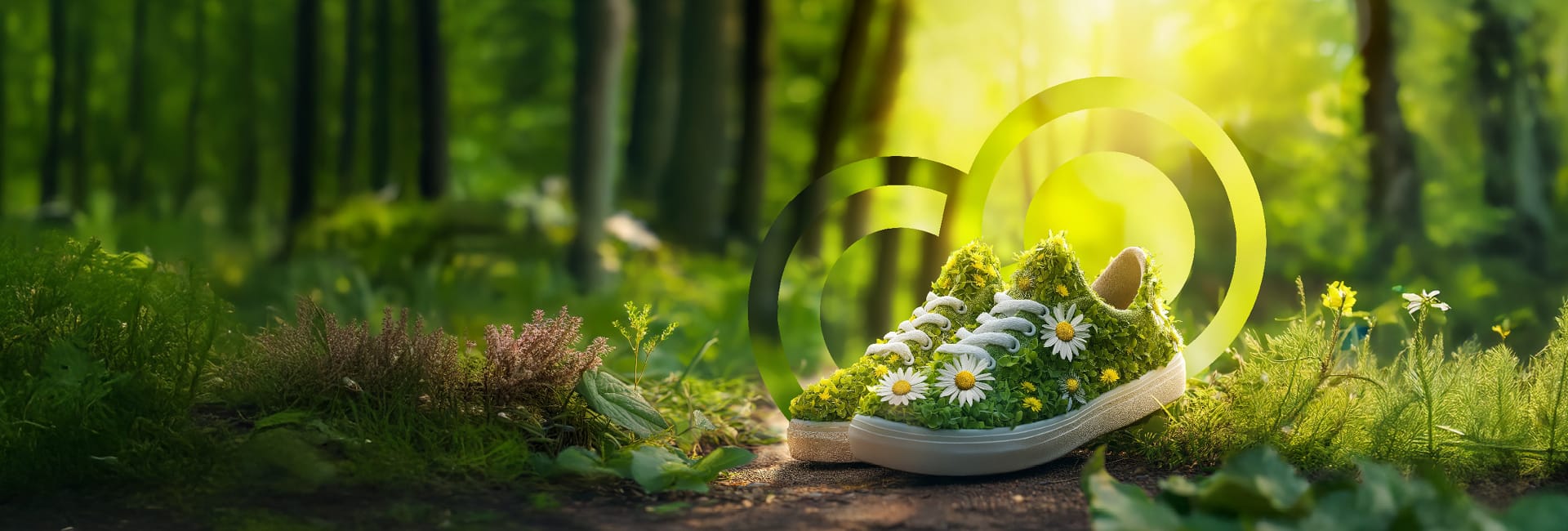 A pair of sneakers covered in grass and daisies sits on a forest floor, bathed in bright 2025 sunlight. The setting is lush and green, featuring trees and various plants—a harmonious nod to nature's growth playbook.