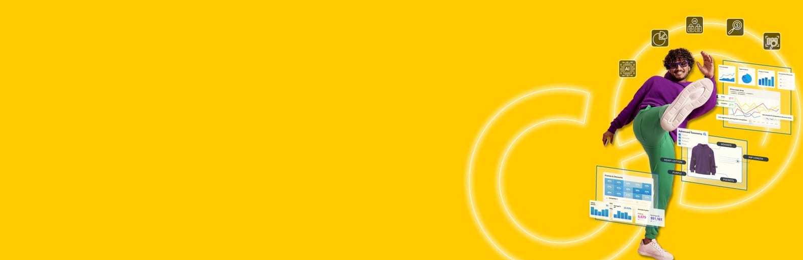 A person in a dynamic pose is surrounded by floating digital elements, showcasing charts, graphs, and icons powered by AI. The bright yellow background enhances the vibrant and energetic atmosphere, embodying the essence of digital transformation.