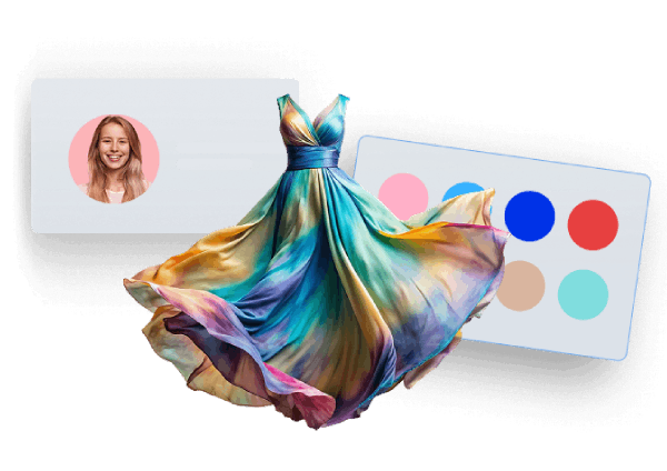 A colorful dress with a flowing design in front of two digital profiles, each showing a circle with a person's avatar and details. To the right, a palette displaying multiple colors is visible.