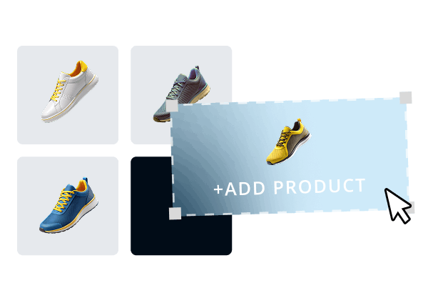 Grid of three pairs of sneakers on the left: white, gray with green laces, and blue with yellow laces. On the right, a large blue box with a yellow sneaker and white text "+ADD PRODUCT" with a cursor pointing at it.