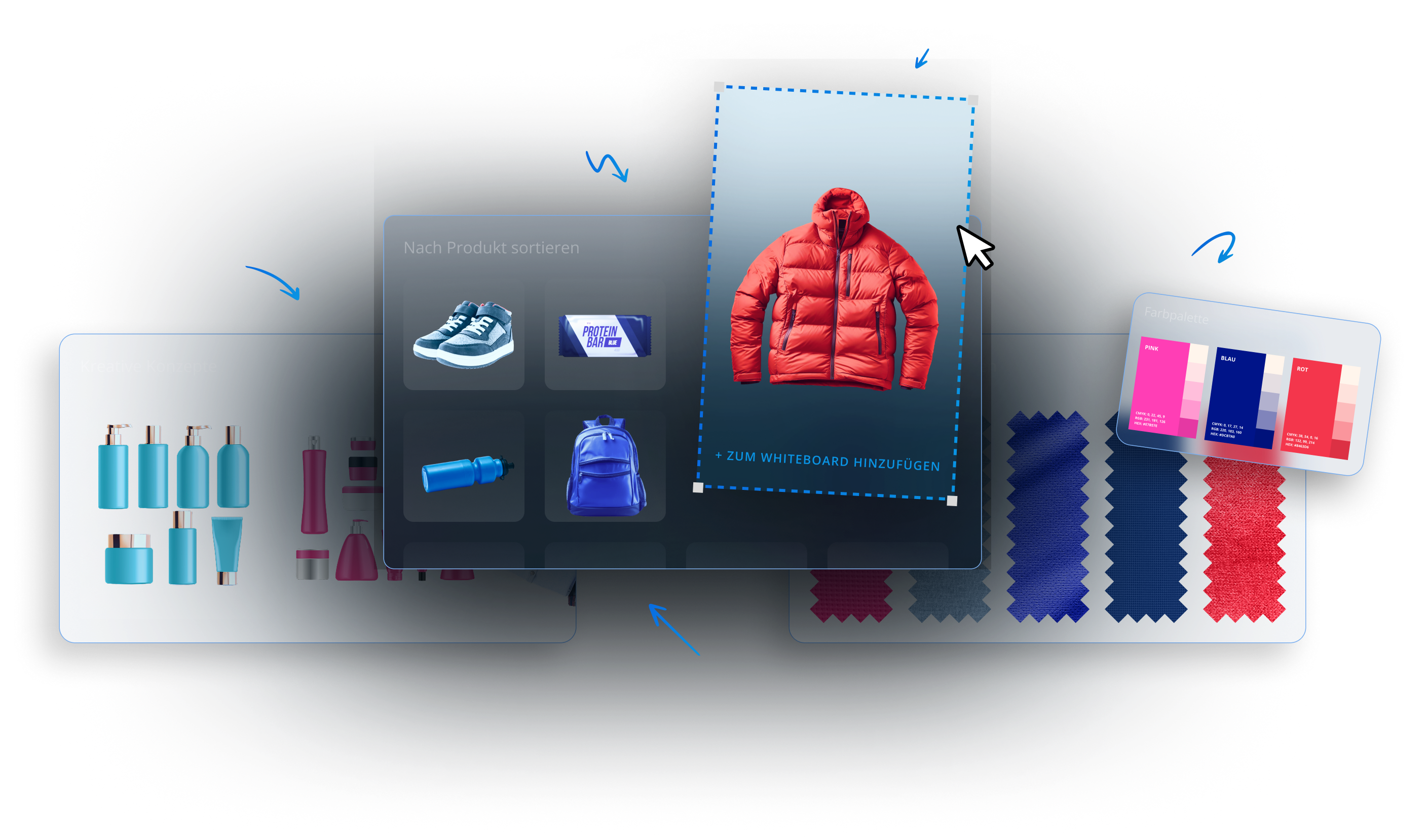 Eine digitale Collage auf einem Visual Whiteboard zeigt eine rote Pufferjacke, Sortieroptionen mit Schuhen und Taschen, kreative Konzepte mit Flaschen und Farbpaletten – perfekt zur Veranschaulichung von Modedesign- oder Produktplanungsoberflächen.