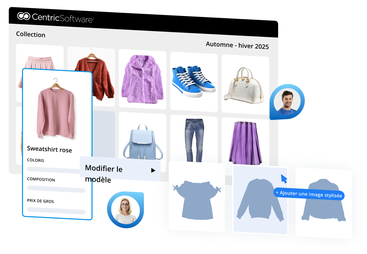 Une interface de tableau blanc visuel présente une collection de mode automne-hiver 2025, avec des images de vêtements et d'accessoires. Un sweat-shirt rose est mis en valeur, avec des options de modification ou d'ajout d'images stylisées.